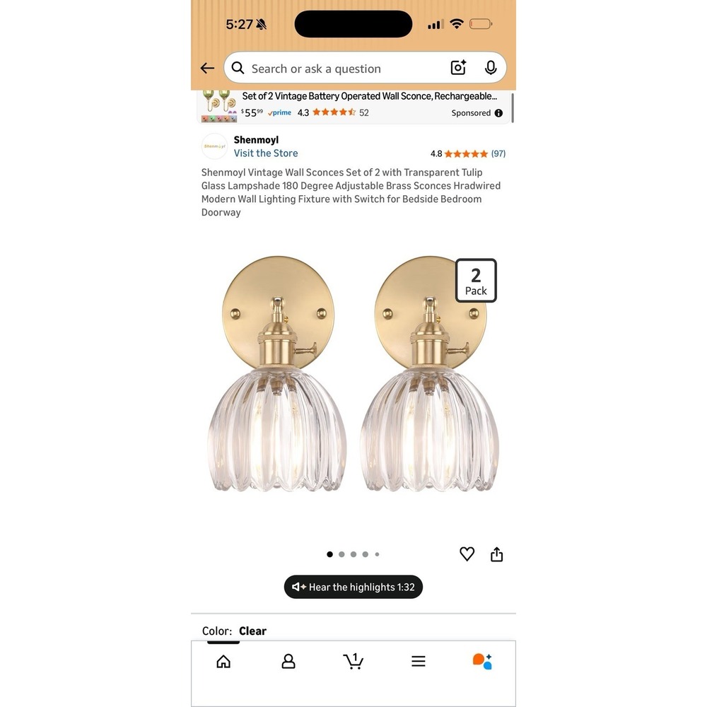 Shenmoyl Wall Sconce Set of 2 Brass Glass Hardwired Adjustable Light Fixture